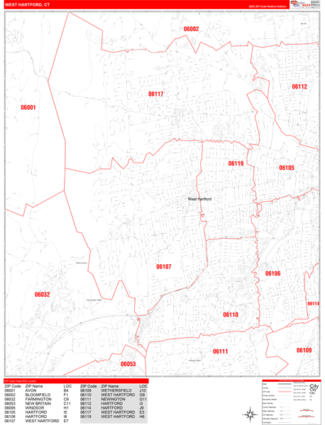 West Hartford City Wall Map Red Line Style